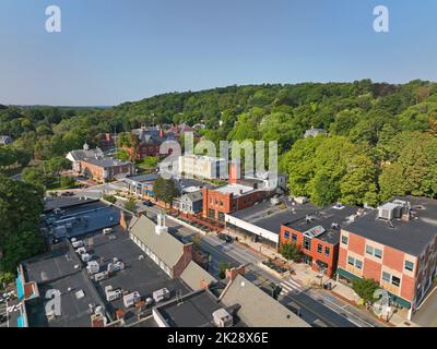 Belmont commercial center Leonard Street aerial view in historic center of Belmont, Massachusetts MA, USA. Stock Photo