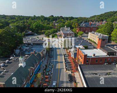 Belmont commercial center Leonard Street aerial view in historic center of Belmont, Massachusetts MA, USA. Stock Photo