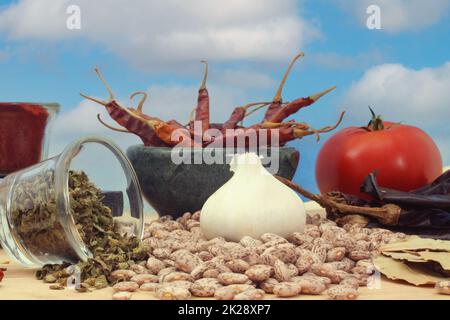 Spices Pinto Beans With Paprika and Mexican Oregano Stock Photo