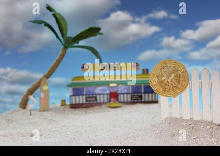 Cafe on Tropical Beach With Wooden Fence. Shallow DOF Stock Photo