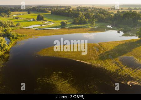 Water flowing from a curved river to a flooded meadow in summer nature. Stock Photo