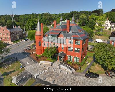 Belmont Town Hall building aerial view at 455 Concord Avenue in historic town center in Belmont, Massachusetts MA, USA. Stock Photo