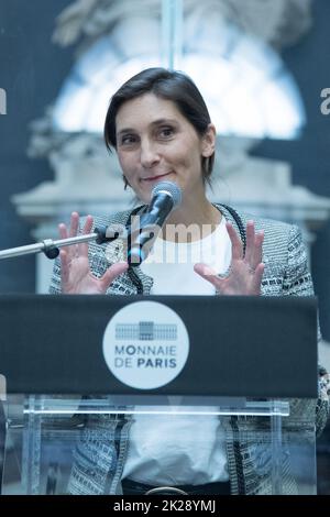 Paris, France, September 22, 2022. French Sports Minister Amelie Oudea-Castera unveils a Paris 2024 and the Monnaie de Paris 10-euro hexagonal silver coin from the new Paris 2024 Olympic Games collection during the inaugural minting ceremony in Paris, France on September 22, 2022. Photo by Aurore Marechal/ABACAPRESS.COM Stock Photo