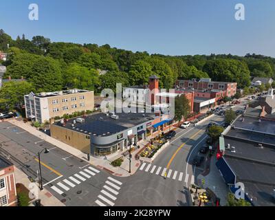 Belmont commercial center Leonard Street aerial view in historic center of Belmont, Massachusetts MA, USA. Stock Photo