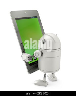 Robot looking at huge tablet computer. Isolated on white Stock Photo