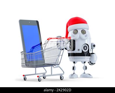 Robot Santa with tablet computer and shopping cart Stock Photo