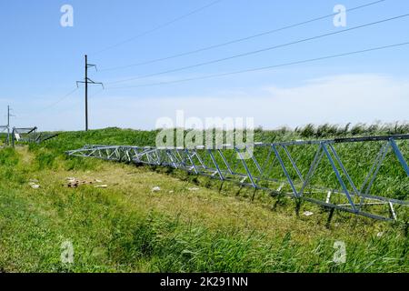 Assembly and installation of new support of a power line Stock Photo