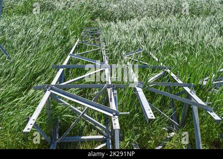 Assembly and installation of new support of a power line Stock Photo