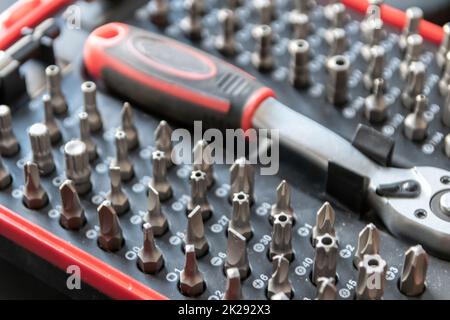 Screwdriver bits in toolbox as assorted screwing toolkit organizer with torx bits, cross bits and variation of replaceable screw adapters as professional equipment for workers and repairman mechanics Stock Photo