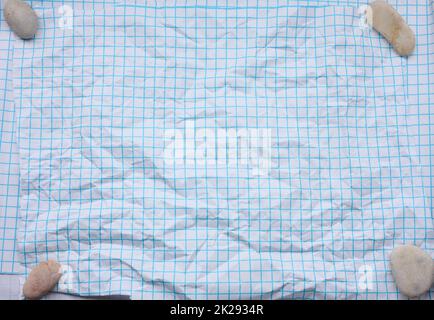 crumpled white paper texture in a cage, blue lines, school notebook Stock Photo