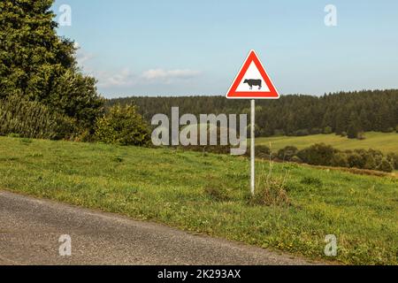 Caution cows crossing sign next to country road, forest in distance. Stock Photo