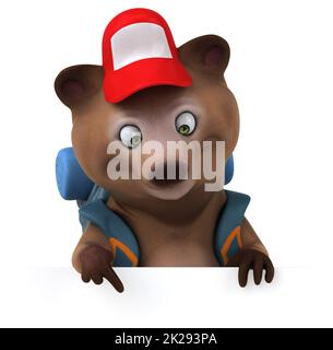 Fun 3D bear backpacker cartoon character Stock Photo