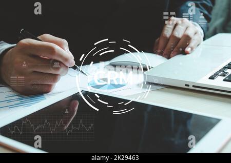 CRM Customer relationship management business on virtual screen concept. Stock Photo