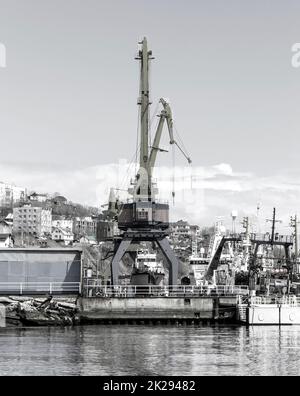 Crane in seaport in Avacha bay on Kamchatka Peninsula Stock Photo