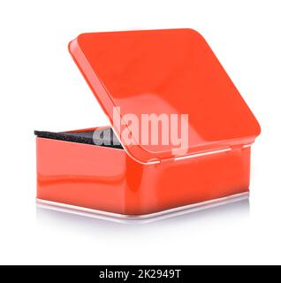 Opened Empty red metal box close-up isolated on white background Stock Photo