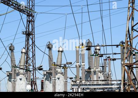 Electric substation. power transmission equipment. Stobo, wires and insulators. Stock Photo
