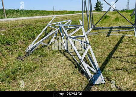 Assembly and installation of new support of a power line Stock Photo