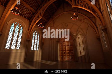 3D illustration fantasy medieval great hall in the castle Stock Photo -  Alamy