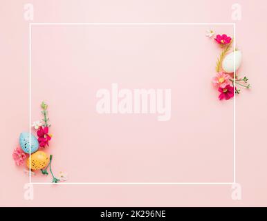 Easter holiday mockup background. Top view from above to Easter eggs with frame Stock Photo