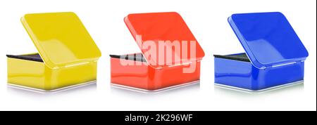 Set of Closed Empty colored metal box close-up isolated on white background Stock Photo