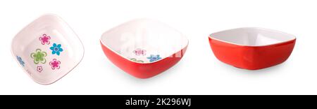 set of red empy salad bowl isolated on white background top view Stock Photo