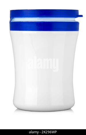 white jar with blue cap without label on a white background with clipping path Stock Photo