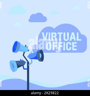 Sign displaying Virtual Office. Business idea Virtual Office Pole Megaphones Drawing Making Announcement To An Open Space. Stock Photo