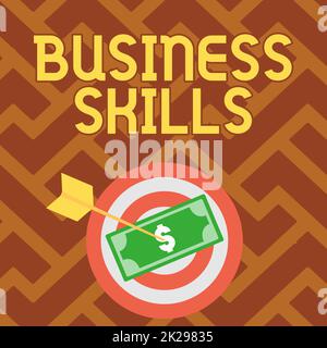 Text sign showing Business Skills. Business concept An ability to acquire systematic effort of job functions Currency Pinned Through Target By Arrow Describing Financial Planning. Stock Photo