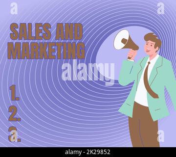 Text caption presenting Sales And Marketing. Business idea Promotion Selling Distribution of Goods or Services Illustration Of A Man Pointing Away Holding Megaphone Making New Announcement Stock Photo