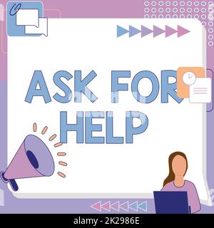 Sign displaying Ask For Help. Word for Request to support assistance needed Professional advice Woman Drawing Sitting Working Next To Megaphone Making New Announcement Stock Photo