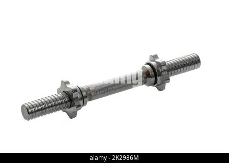 metal neck for dumbbells in disassembled form on a white isolated background Stock Photo