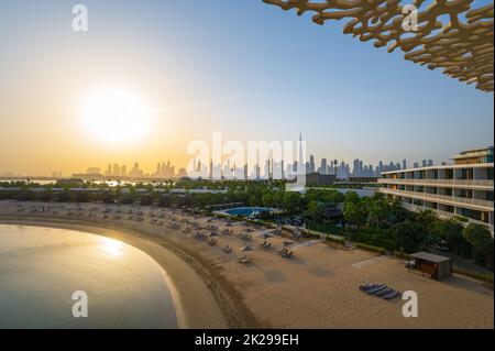 Dubai skyline of the downtown skyscrapers seen from the coast. Panoramic view of downtown Dubai filled with modern skyscrapers in the United Arab Emir Stock Photo