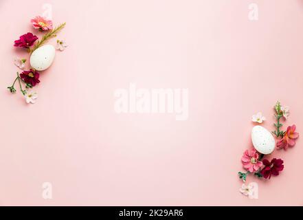 Easter holiday mockup background. Top view from above to Easter eggs with frame Stock Photo