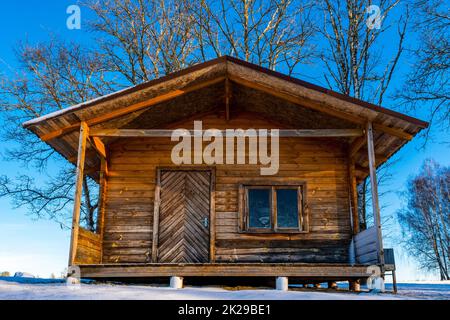 Front view of ecological small wooden house Stock Photo