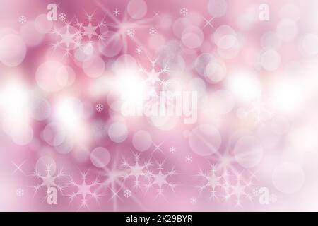 Christmas card template. Abstract festive gradient pink white winter christmas or New Year background texture with blurred bokeh lights, snow and stars. Beautiful backdrop. Stock Photo