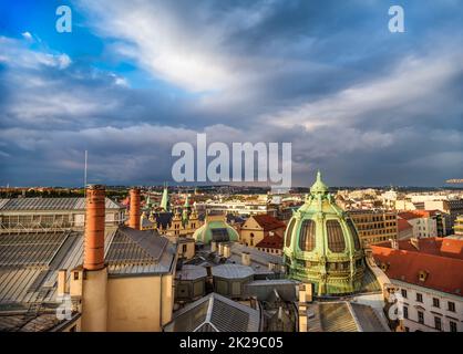 Prague rooftops and Obecni Dum (Municipal House), view from Poder Tower. Czech Republic Stock Photo