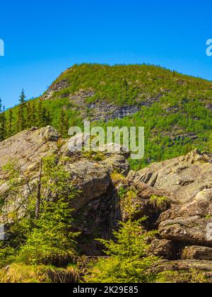 Beautiful mountain panorama Norway Hemsedal Skicenter with snowed in Mountains. Stock Photo