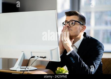 Pondering Thinking Businessman Using Office Computer Stock Photo