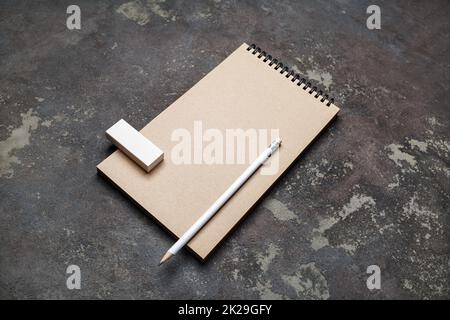 Notepad, pencil, eraser Stock Photo