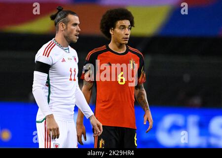 Brussels, Belgium, 22 September 2022, Welsh Gareth Bale and Belgium's Axel Witsel pictured during a soccer game between Belgian national team the Red Devils and Wales, Thursday 22 September 2022 in Brussels, game 5 (out of six) in the Nations League A group stage. BELGA PHOTO LAURIE DIEFFEMBACQ Stock Photo