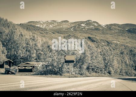 Blank empty road signs for hiking trails Hemsedal Norway. Stock Photo