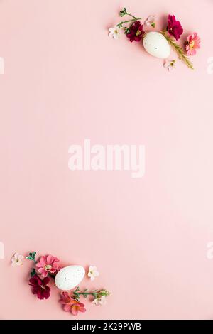 Easter holiday mockup background. Top view from above to Easter eggs with frame Stock Photo