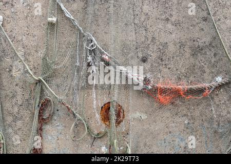 Close up view on a fishing net decoration on an old weathered wall. Stock Photo