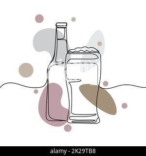 Vector abstract continuous one single simple line drawing icon of beer bottle and glass in silhouette sketch on white background. Stock Photo