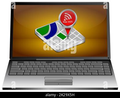 Laptop computer with red map pointer with free WiFi Symbol - 3D illustration Stock Photo