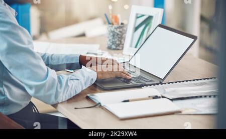 Business woman hands typing on laptop, research or working on accounting, finance or marketing data. Corporate person, pc tech computer and reading Stock Photo