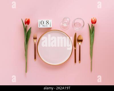 8 march table setting on pink. Copy space Stock Photo