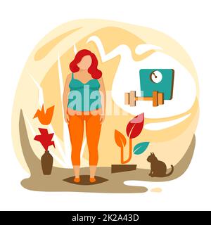 Obesity and weight problems. Fat woman and fitnes icon, flat vector illustration. Weight loss and healthy lifestyle. Stock Photo