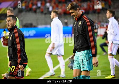 Brussels, Belgium, 22 September 2022, Belgium's Eden Hazard and Belgium's goalkeeper Thibaut Courtois pictured at the start of a soccer game between Belgian national team the Red Devils and Wales, Thursday 22 September 2022 in Brussels, game 5 (out of six) in the Nations League A group stage. BELGA PHOTO LAURIE DIEFFEMBACQ Stock Photo