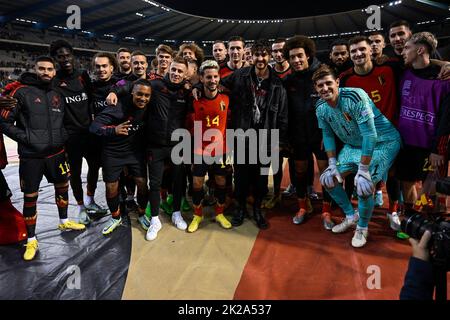 Brussels, Belgium, 22 September 2022, Belgium's players celebrate after winning a soccer game between Belgian national team the Red Devils and Wales, Thursday 22 September 2022 in Brussels, game 5 (out of six) in the Nations League A group stage. BELGA PHOTO LAURIE DIEFFEMBACQ Stock Photo